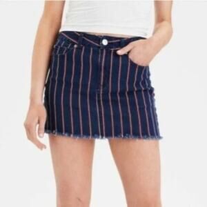 American Eagle Outfitters Blue Red Striped Denim High Rise Mini Jean Skirt 8